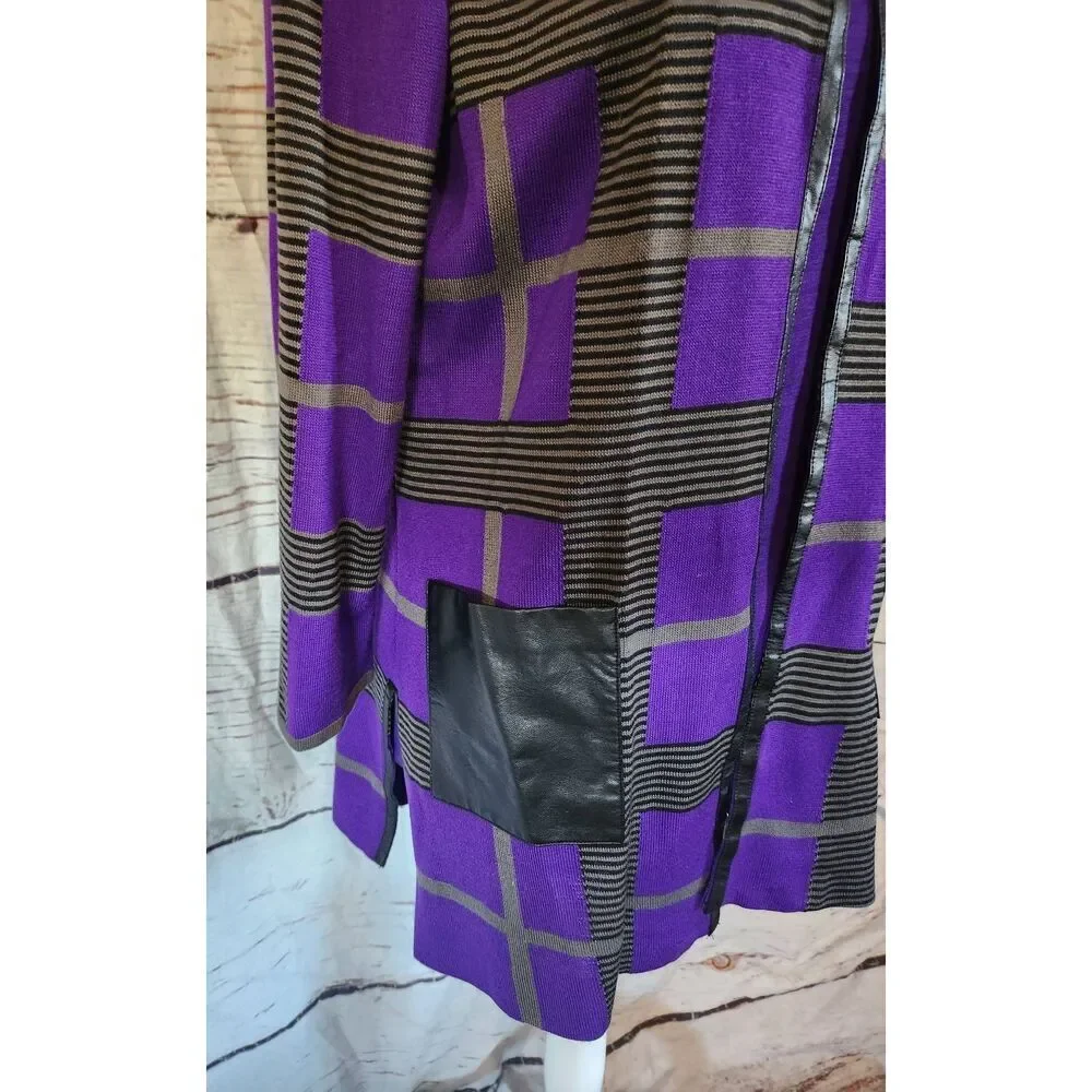 Misook Purple and Black Plaid Knit Leather‎ Trim Cardigan Set Size Small